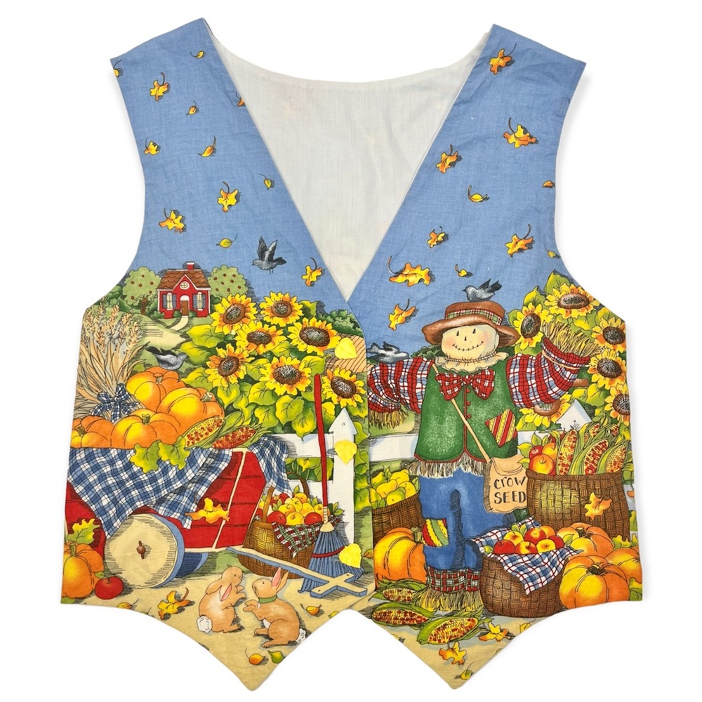 Handmade Fall Vest Button Front Scarecrow Sunflowers Pumpkins Farmcore
